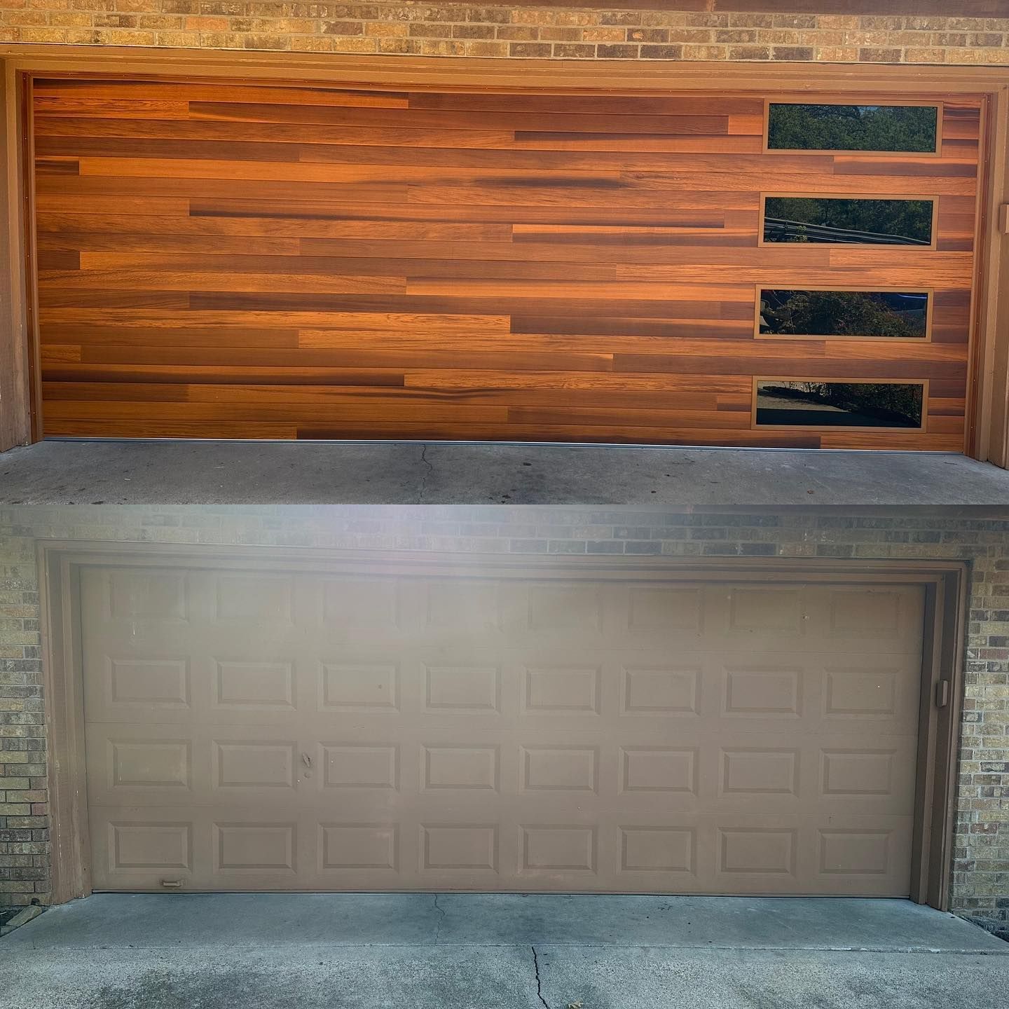 A before and after picture of a wooden garage door.