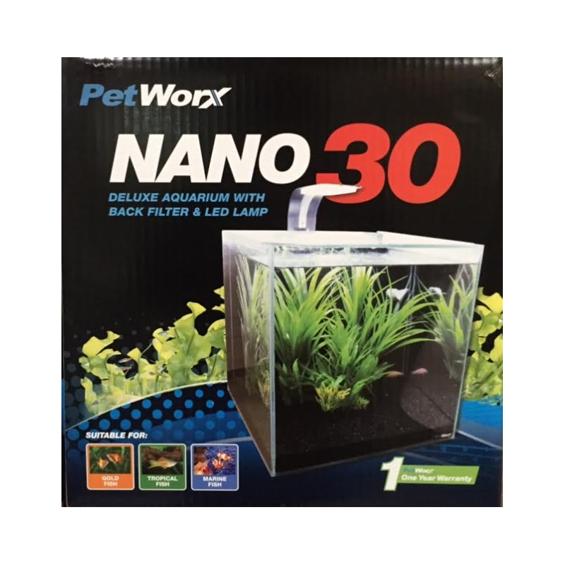 Boxed PetWorx Nano 30 aquarium. Contains a small square tank with plants, and LED lamp, and filter.