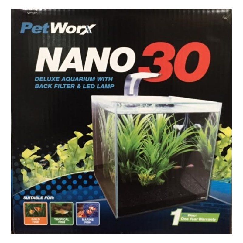 Boxed PetWorx Nano 30 aquarium with back filter and LED lamp, suitable for goldfish, tropical fish, and reef fish.