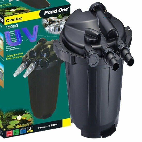 Black pond filter with multiple hose connections, next to its product box.