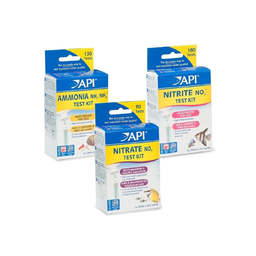 Three API aquarium water test kits: ammonia, nitrite, and nitrate.