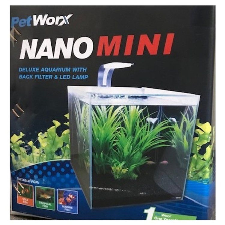 Boxed PetWorx Nano Mini aquarium with built-in filter and LED lamp, showing an aquatic scene with plants.