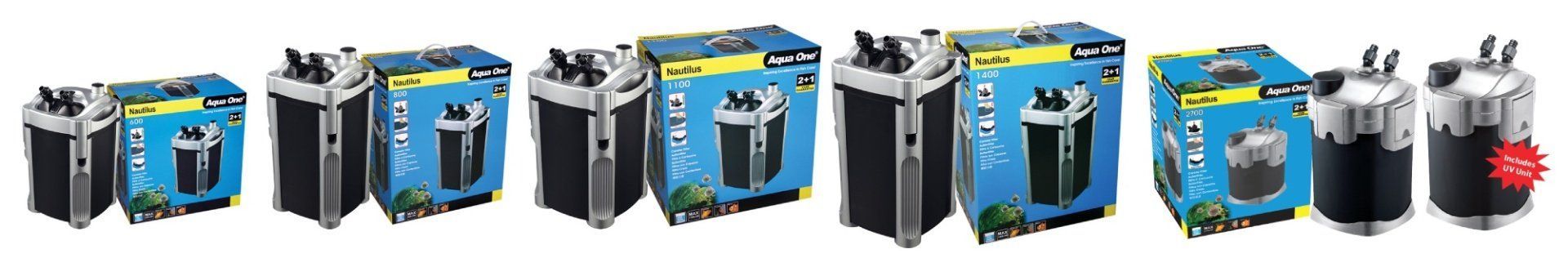 Row of aquarium filters and their boxes. The boxes are blue and black.