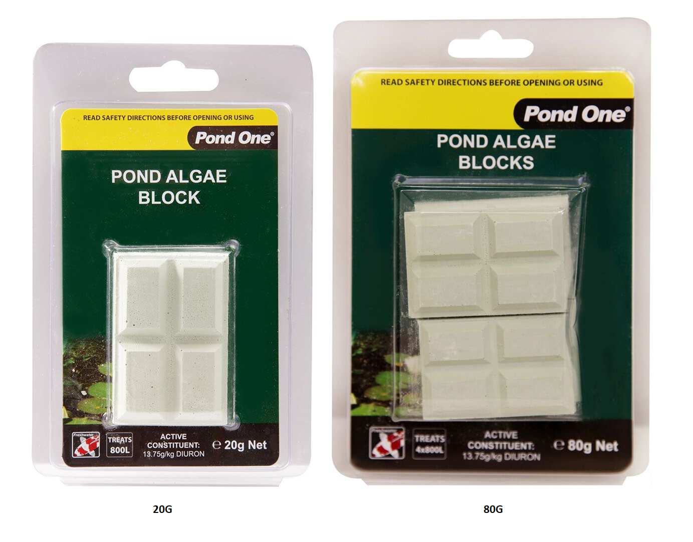 Two Pond One pond algae block packages, green and yellow labels, showing white blocks.