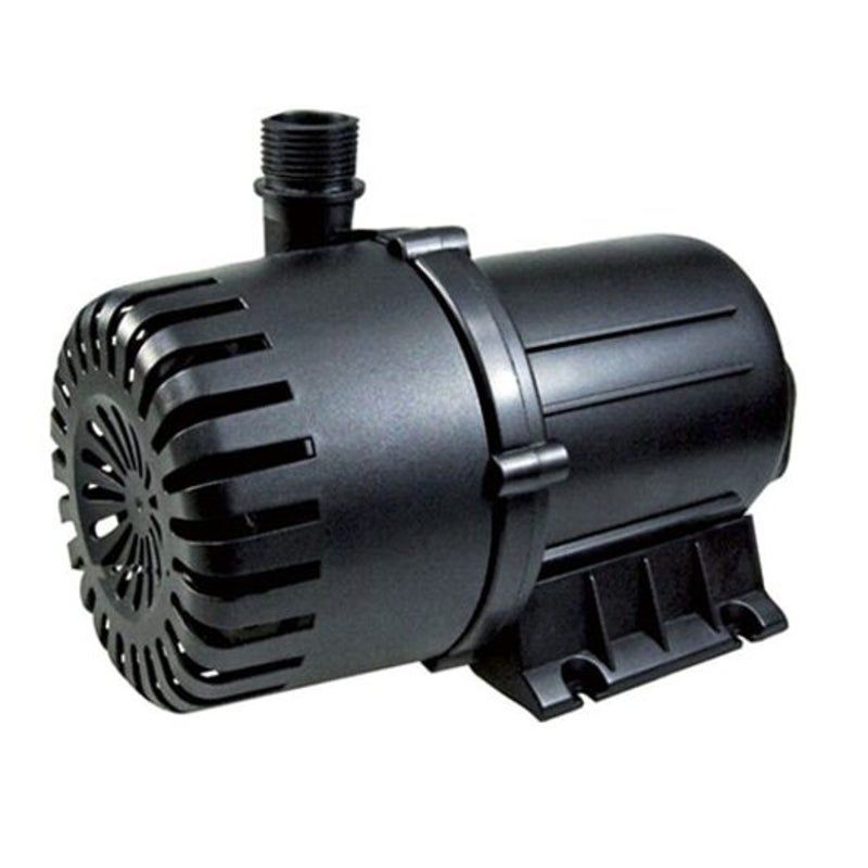 Black water pump with intake grill, outlet, and mounting base.