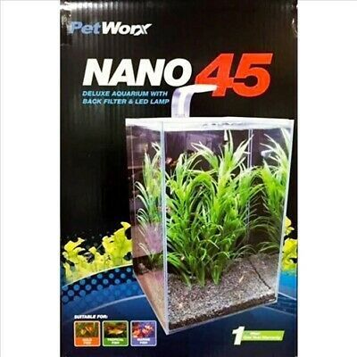 Box for a PetWorx Nano 45 aquarium with built-in filter and LED lamp, showing a tank with plants.