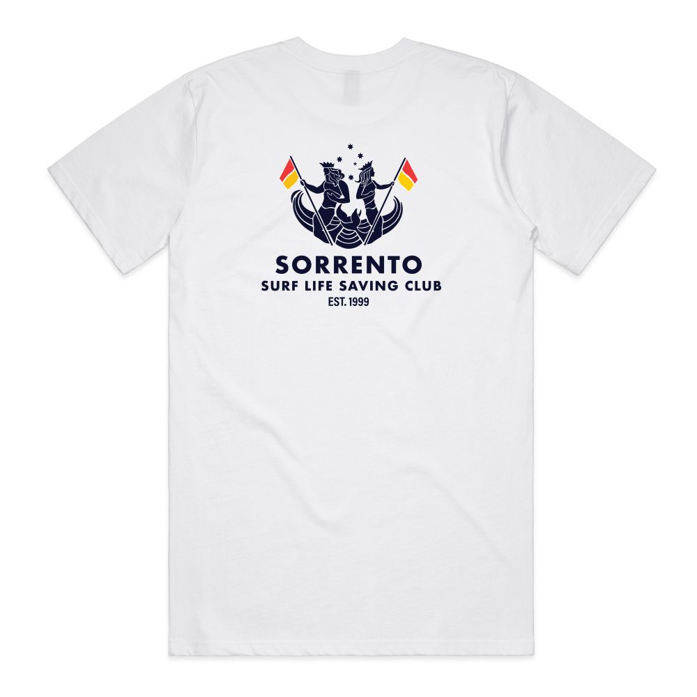 White t-shirt with small graphic of people on boat under text 