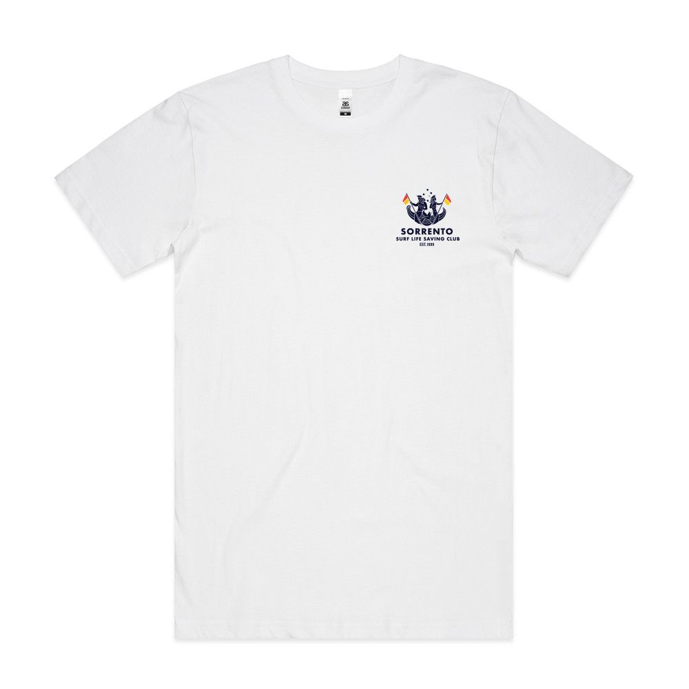 White t-shirt with small graphic of people on boat under text 