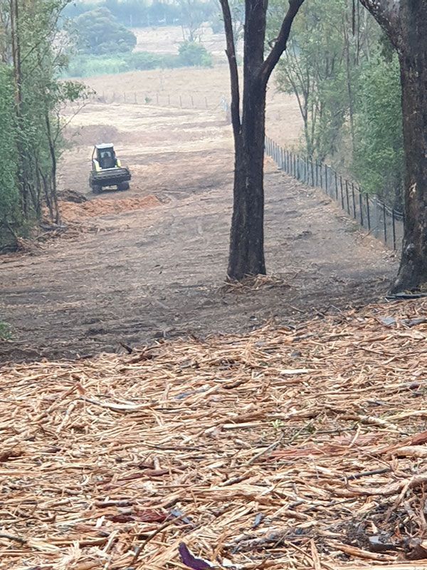 A tractor is driving down a dirt road next to a pile of wood chips.