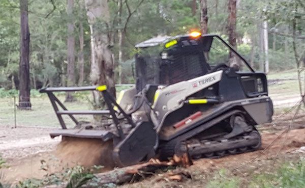 A bulldozer is cutting down a tree in the woods.