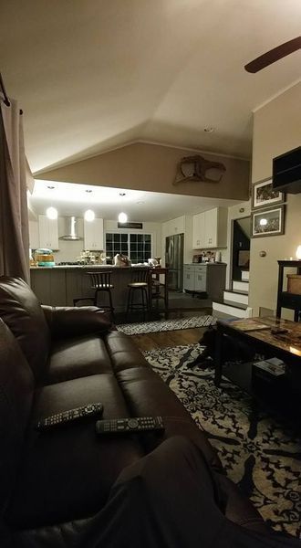 Living room with brown leather couch, view of kitchen, dim lighting.