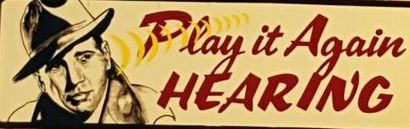 A vintage-style illustration of a man in a fedora next to the red-text sign: