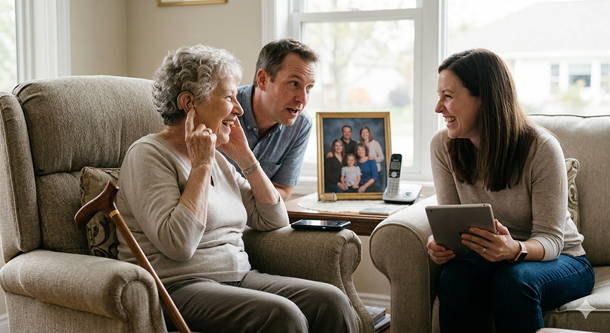 A person adjusts their hearing aid while talking to two individuals in a brightly lit living room.