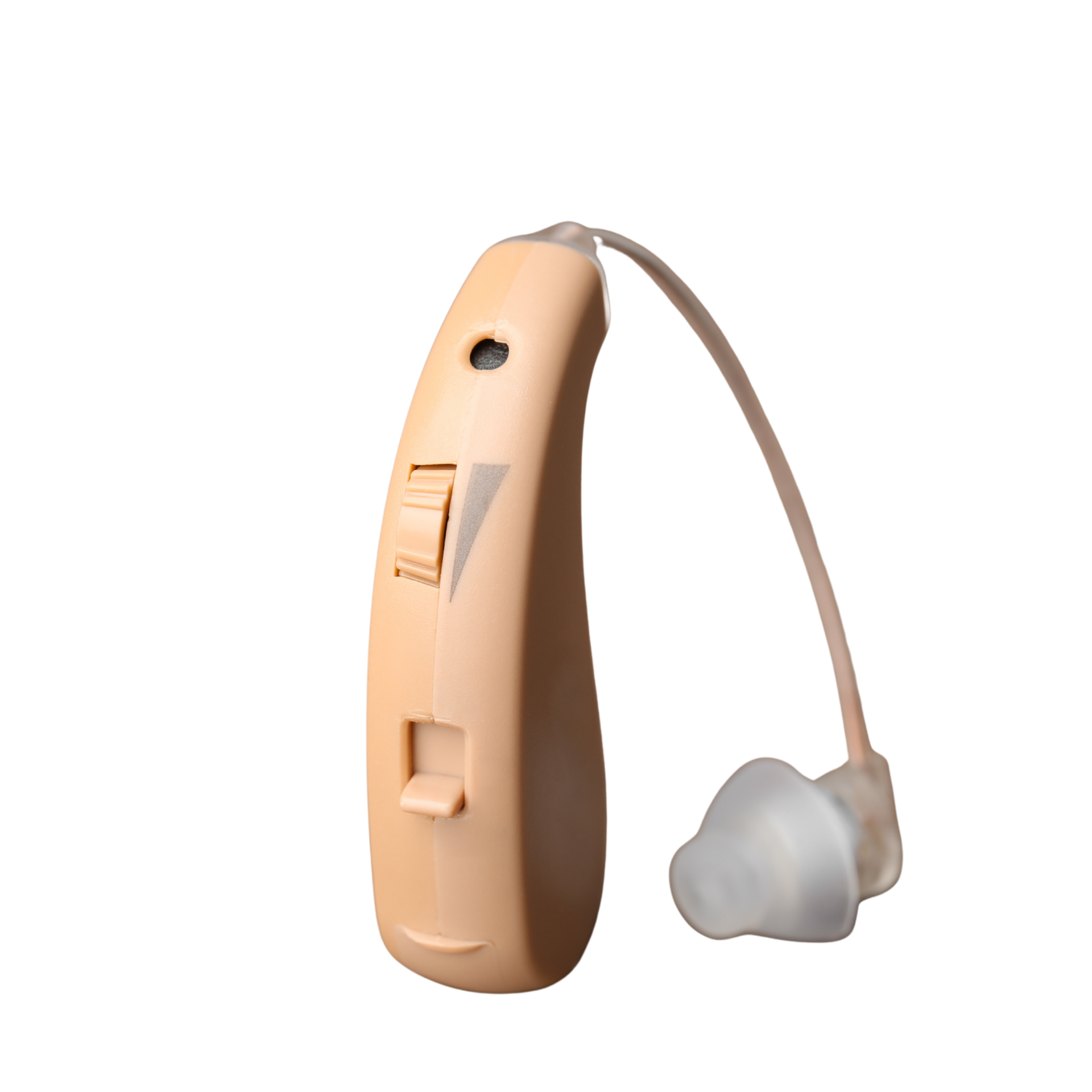 Beige behind-the-ear hearing aid with a clear ear tip and visible controls on a white background.