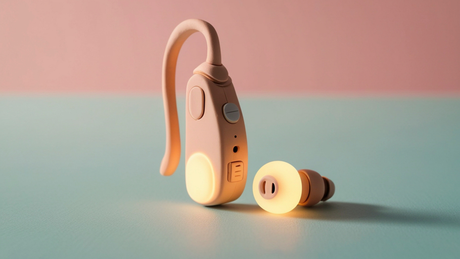 A light pink behind-the-ear hearing aid with a separate earpiece, resting on a flat surface against a dual-tone background.