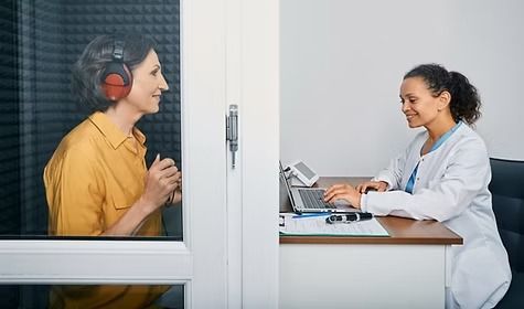 A patient in a soundproof booth wears headphones, facing a clinician working on a laptop in a medical office.
