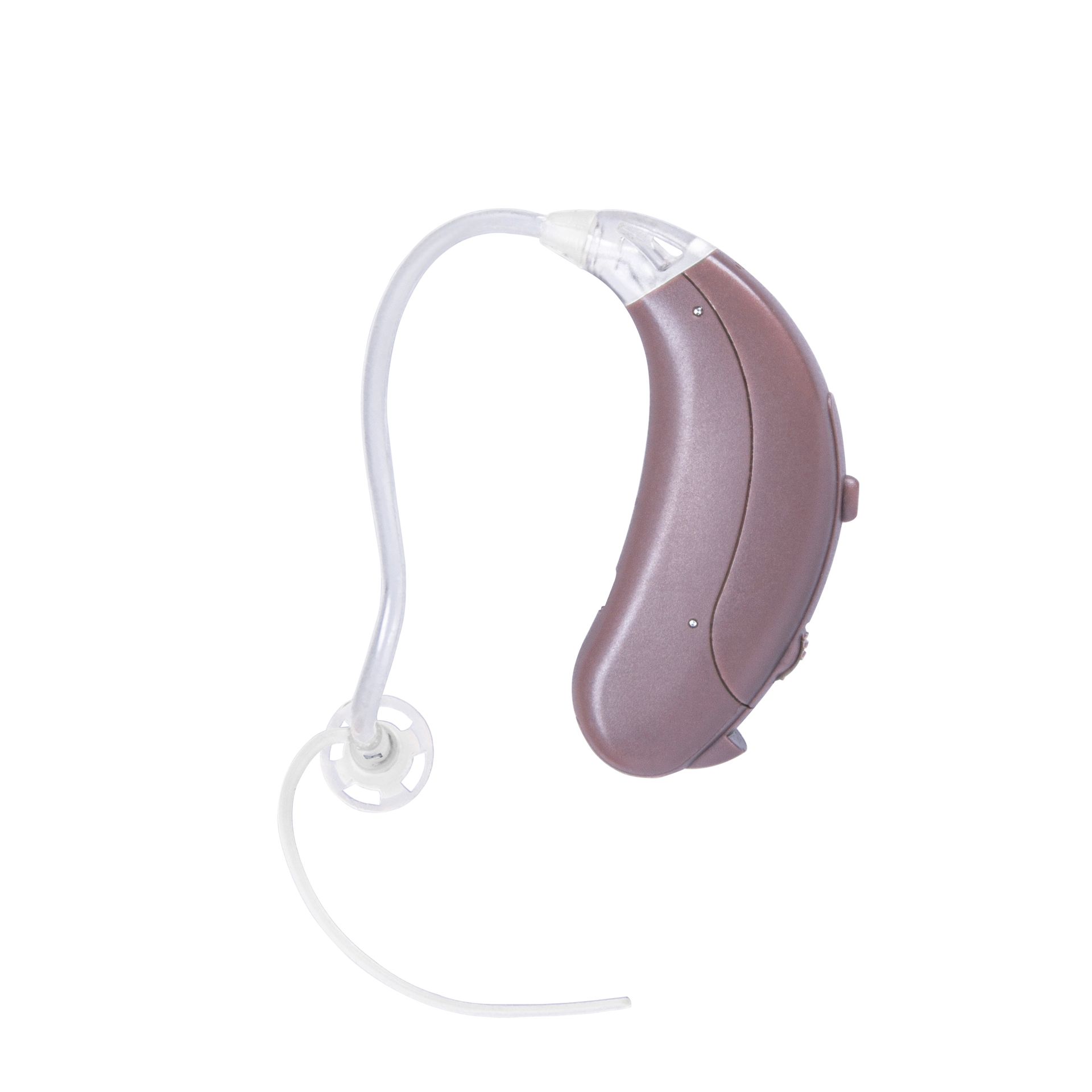 A mauve behind-the-ear hearing aid with a clear, thin tube and a small, circular ear tip against a white background.