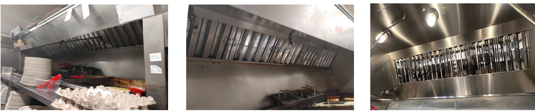 A collage of three pictures of a kitchen with stainless steel appliances.