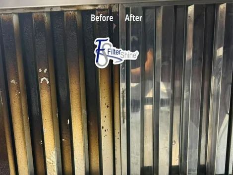 Comparison of dirty and cleaned metal kitchen hood filters showing before and after results. Comparison of dirty and cleaned metal kitchen hood filters showing before and after results.