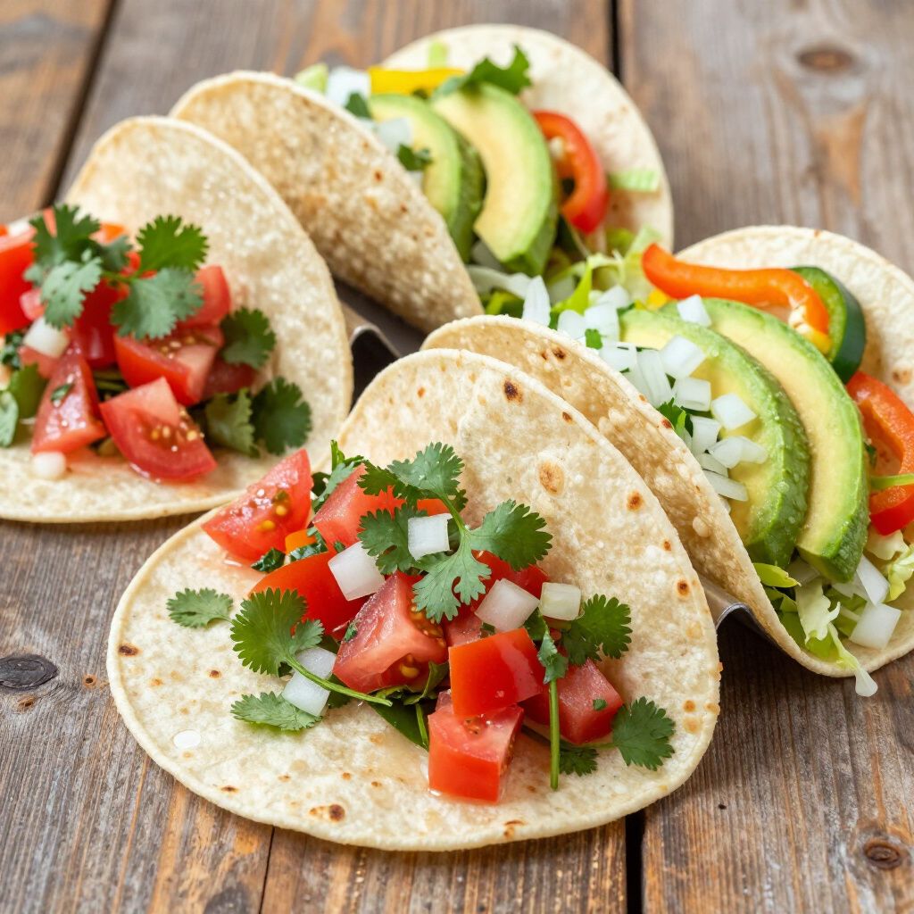 Tacos with various fillings, including avocado, tomatoes, onions, and cilantro on a wooden surface.