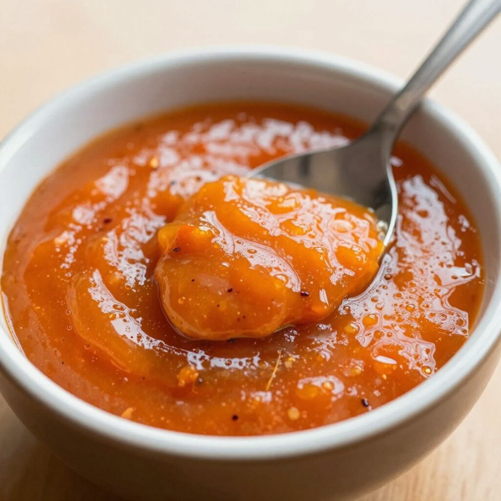 Bowl of orange sauce with a spoonful being lifted up.