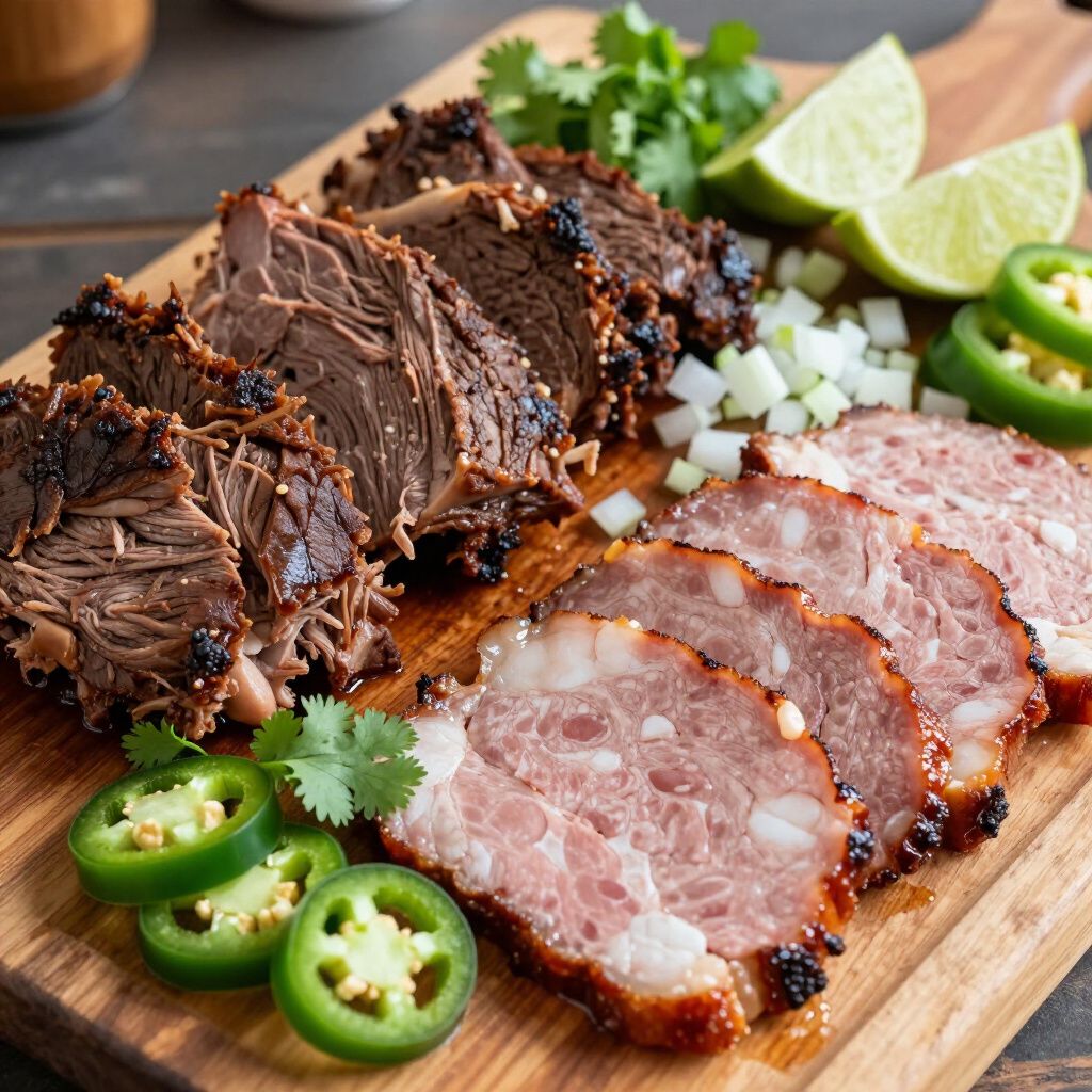 Sliced grilled meat, sausage, and garnishes on a wooden board: lime, jalapeño, onion, cilantro.