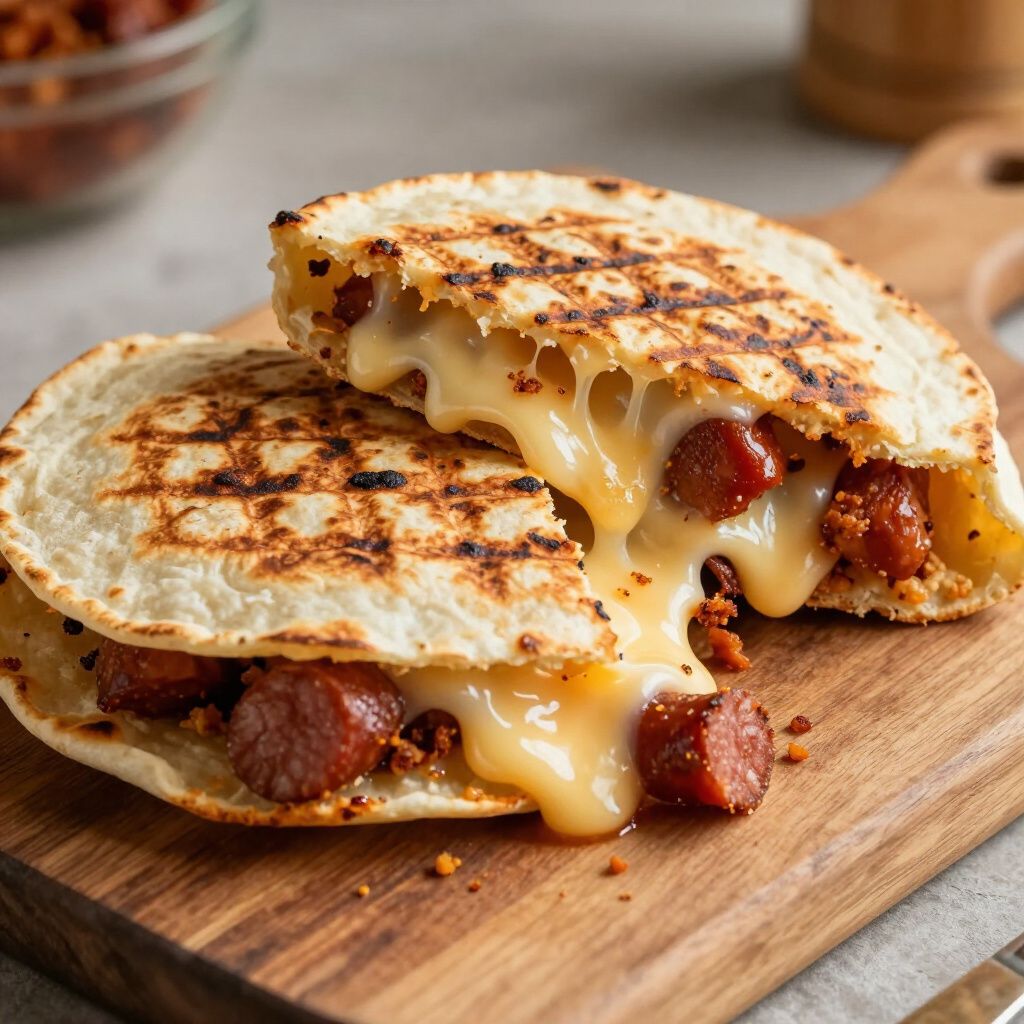 Grilled quesadilla cut in half, oozing cheese and filled with chorizo, on a wooden board.