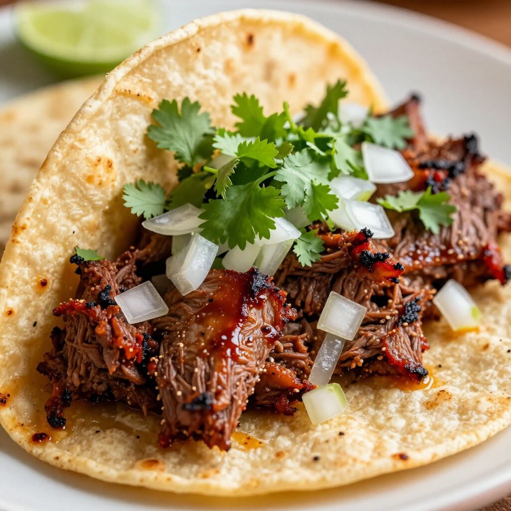 Taco with grilled meat, topped with onions and cilantro on a tortilla, lime wedge in background.