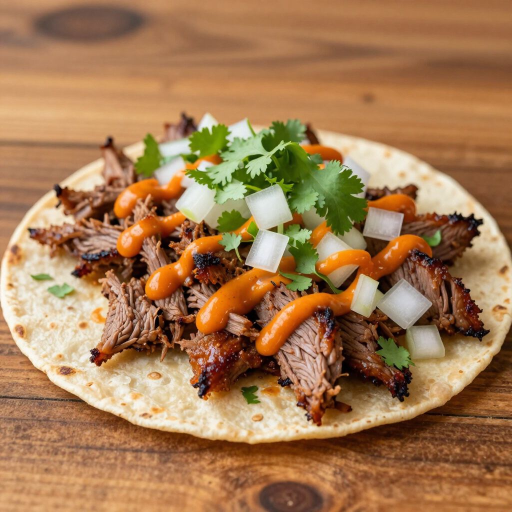 Taco on tortilla with shredded meat, sauce, diced onions, and cilantro on a wooden surface.
