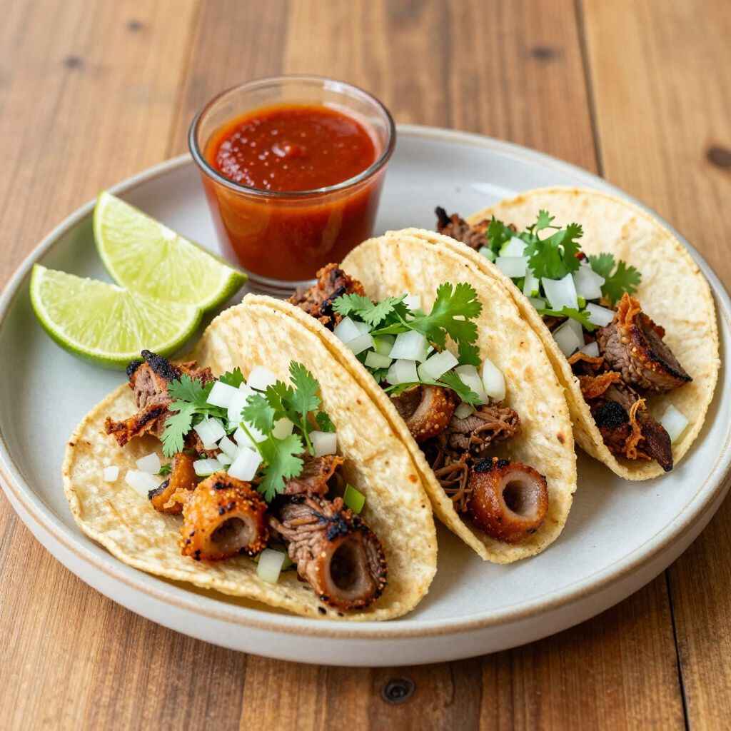 Three tacos with meat, onions, cilantro, salsa, and lime wedges on a plate.
