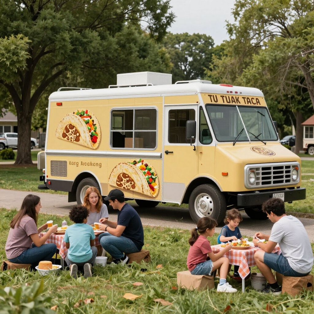 Taco truck with family eating outdoors; yellow truck with taco graphic; picnic table setup.