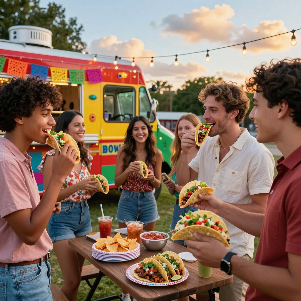 Group of people eating tacos outdoors by a colorful food truck. They are smiling and enjoying their food.