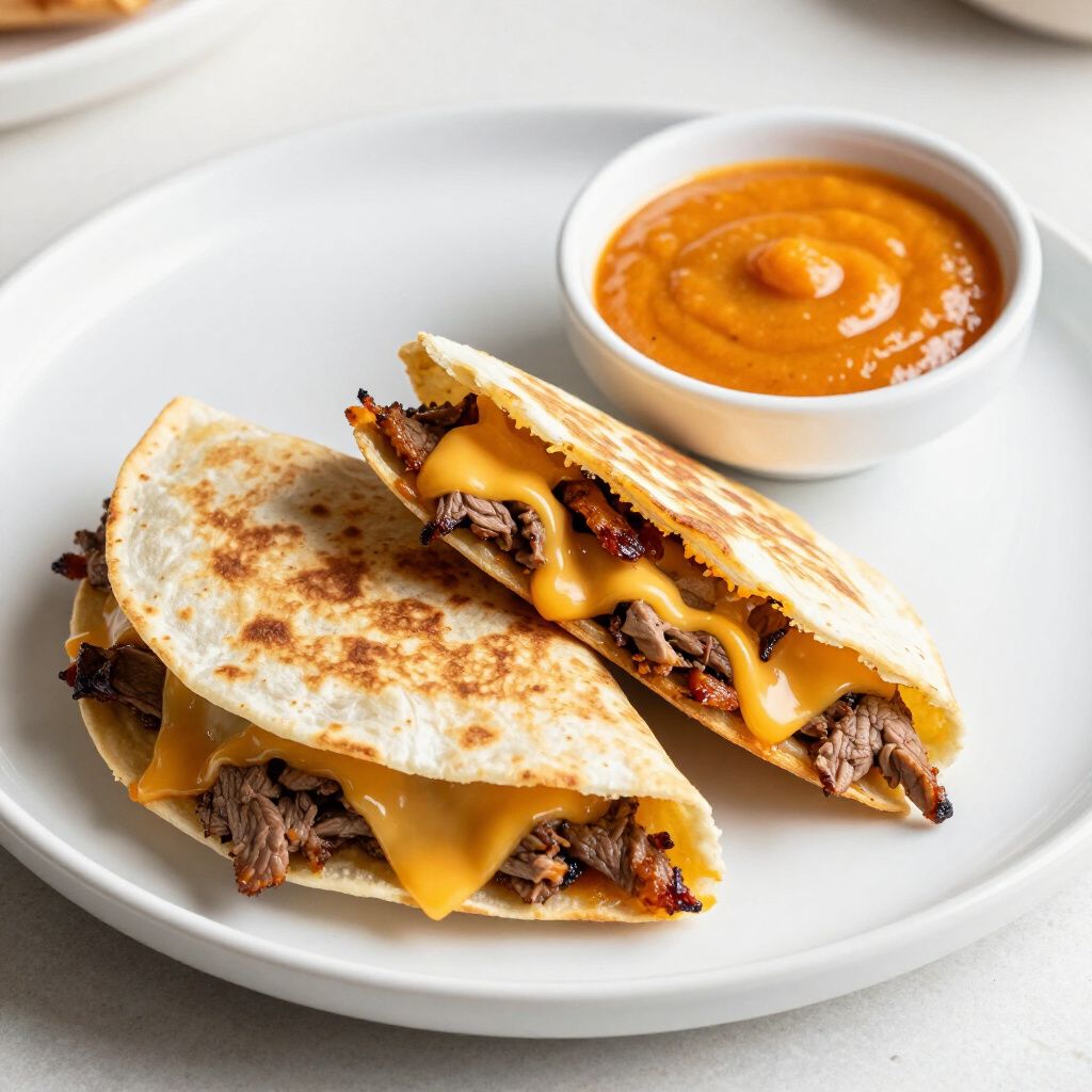 Quesadillas with meat and melted cheese served with dipping sauce.