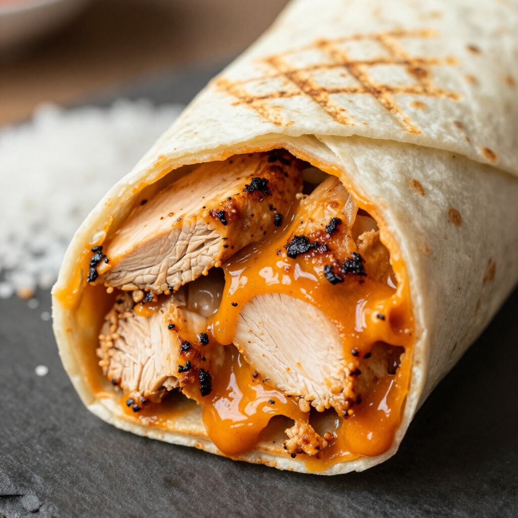 Grilled chicken and sauce-filled burrito on a black surface.