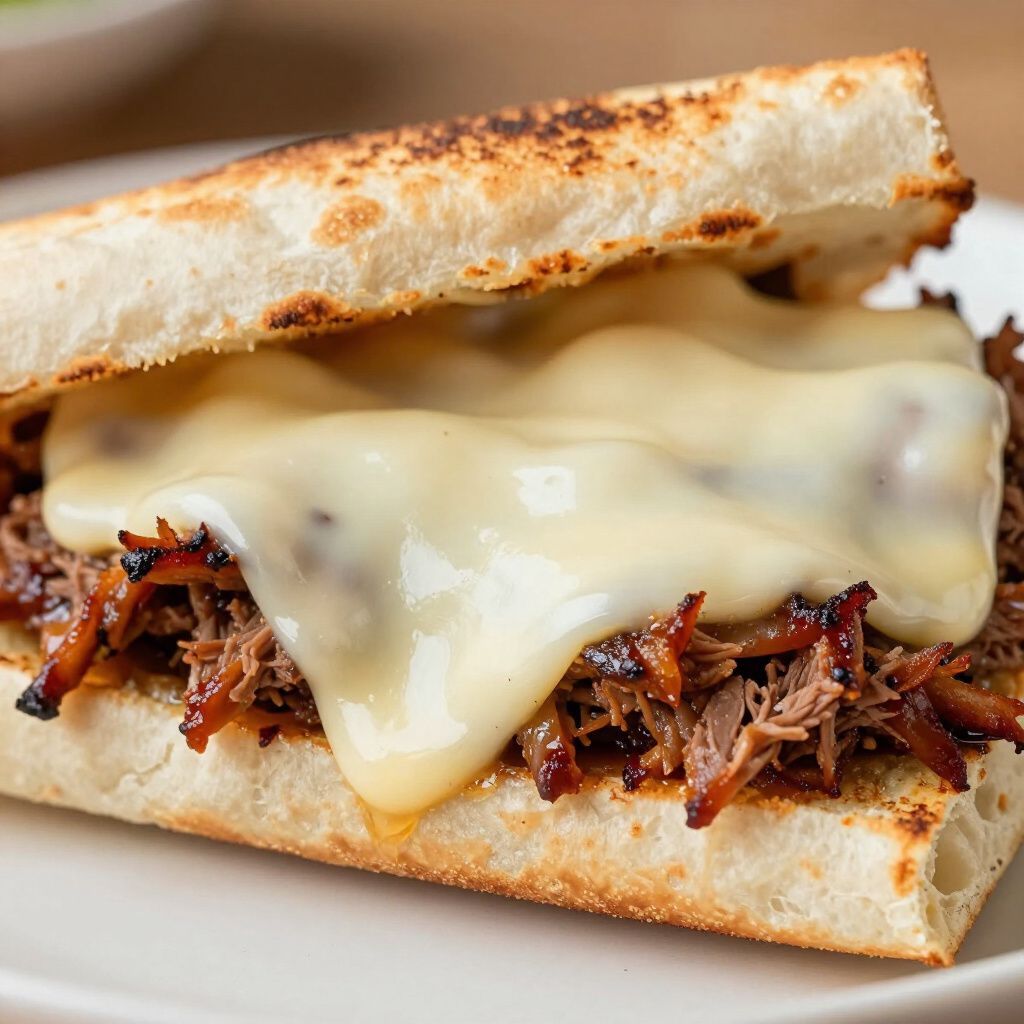 Pulled pork sandwich with melted cheese on toasted bread.