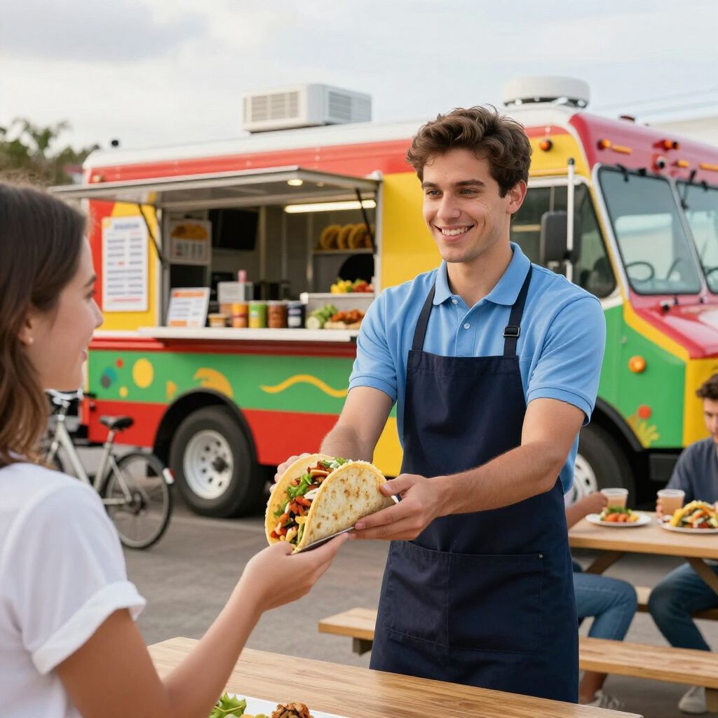 A food truck vendor handing tacos to a customer; other people eat at picnic tables outside.