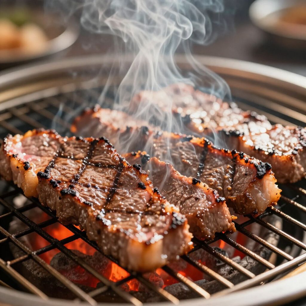 Grilled steak on a hot grill with smoke rising.
