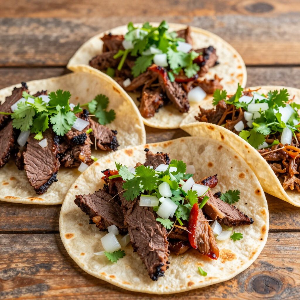 Four tacos with meat, onions, and cilantro on a wooden surface.