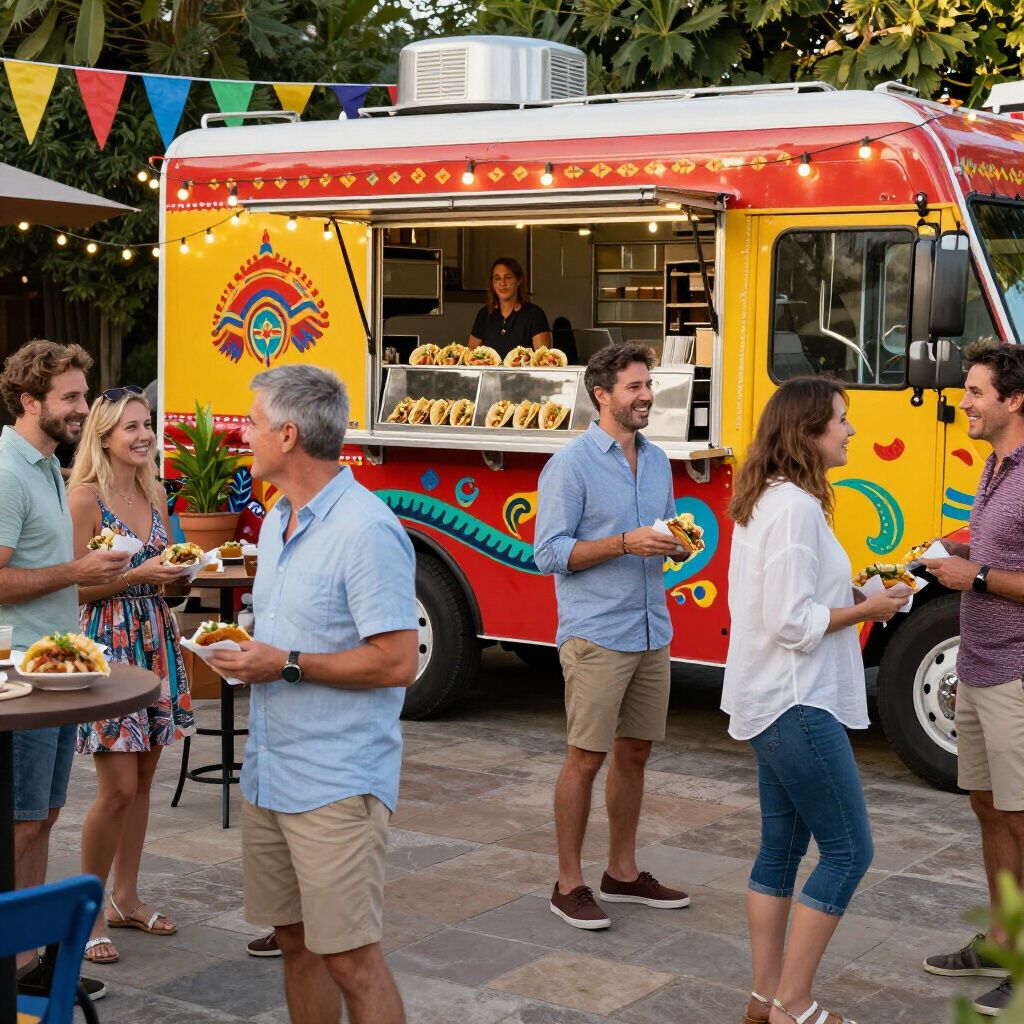 People eating at a brightly painted food truck. String lights and festive flags decorate the outdoor area.