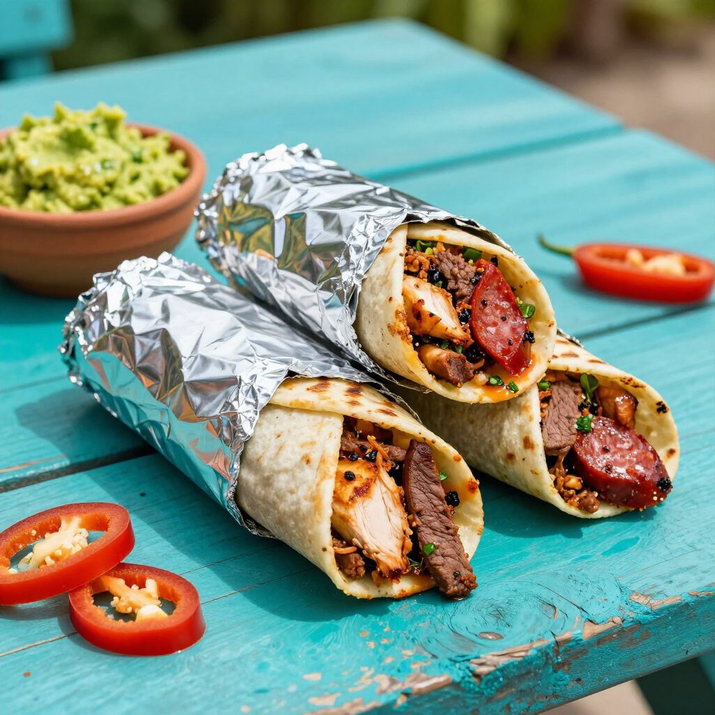 Burritos wrapped in foil on a blue table with guacamole and sliced chili peppers.