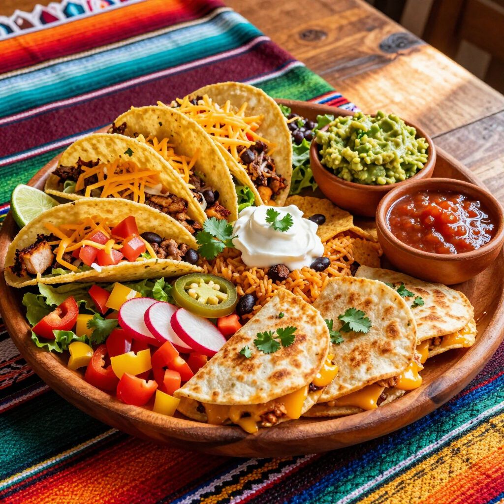 A wooden platter of tacos, quesadillas, guacamole, salsa, and toppings on a colorful Mexican blanket.