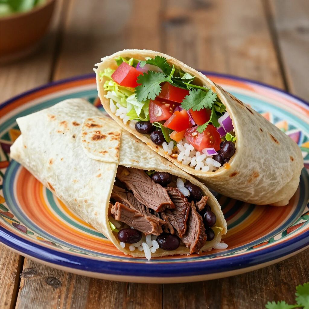 Two burritos cut in half on a colorful plate, filled with rice, beans, meat, and vegetables.