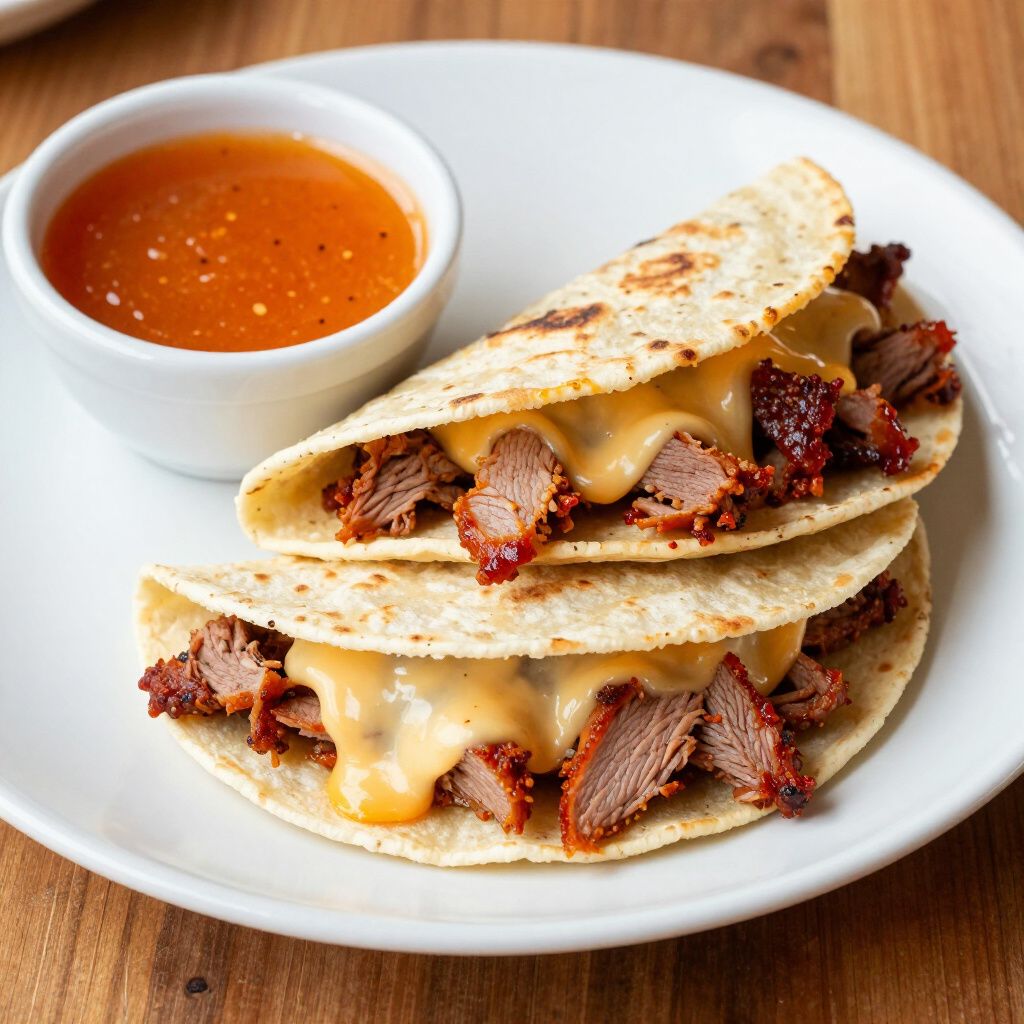 Tacos with meat and melted cheese served with a small bowl of sauce on a white plate.