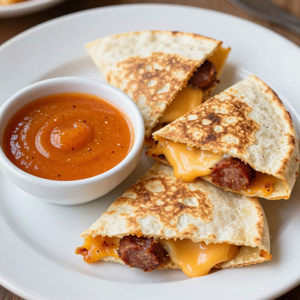 Three quesadilla wedges with melted cheese and sausage, served with a small bowl of dipping sauce.