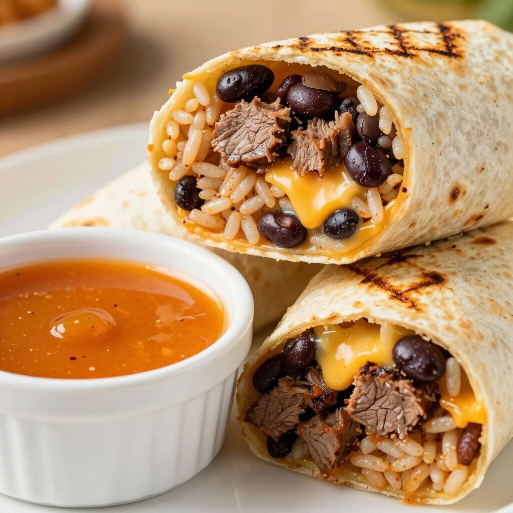 Grilled burrito with steak, rice, beans, and cheese, served with orange sauce.