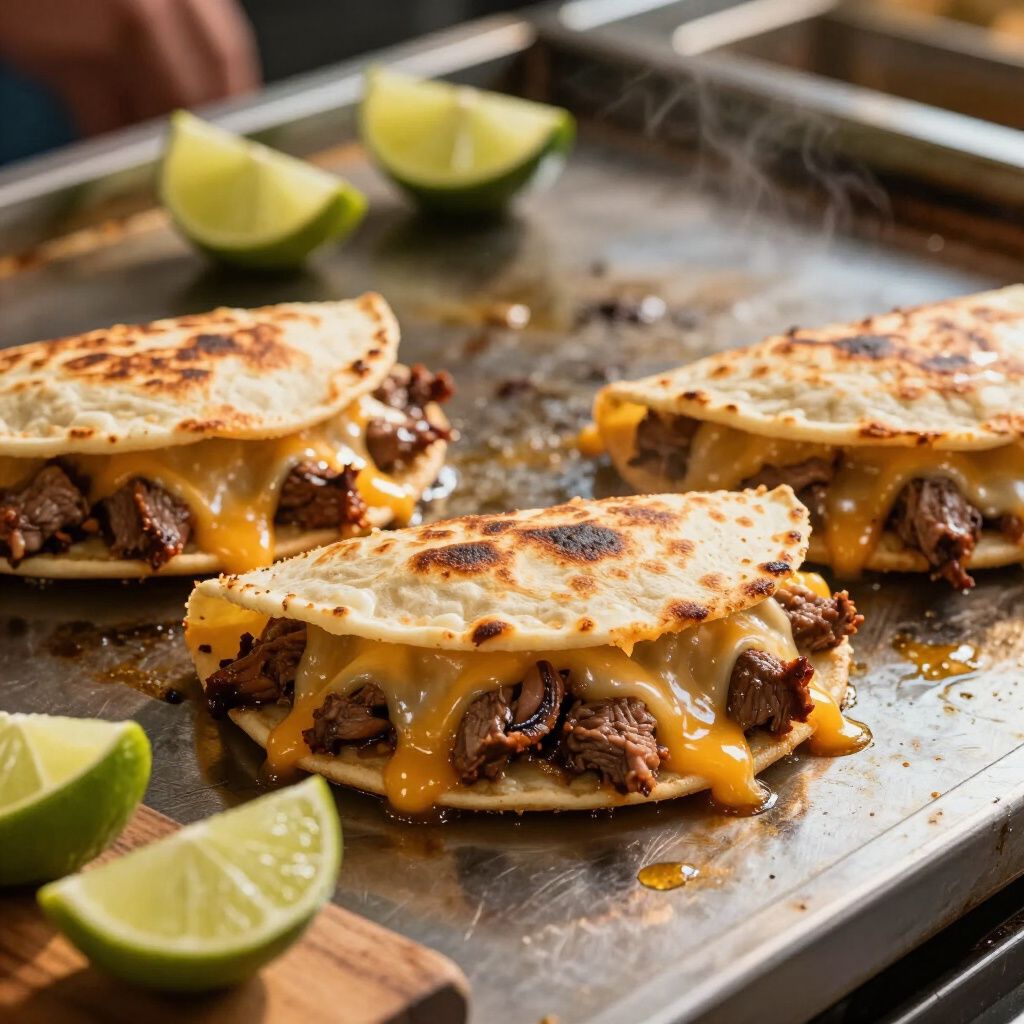 Grilled quesadillas with meat and melted cheese on a griddle, served with lime wedges.