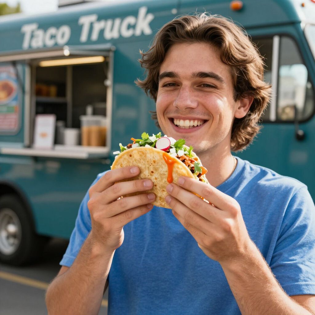 Man smiling, holding a taco in front of a taco truck.