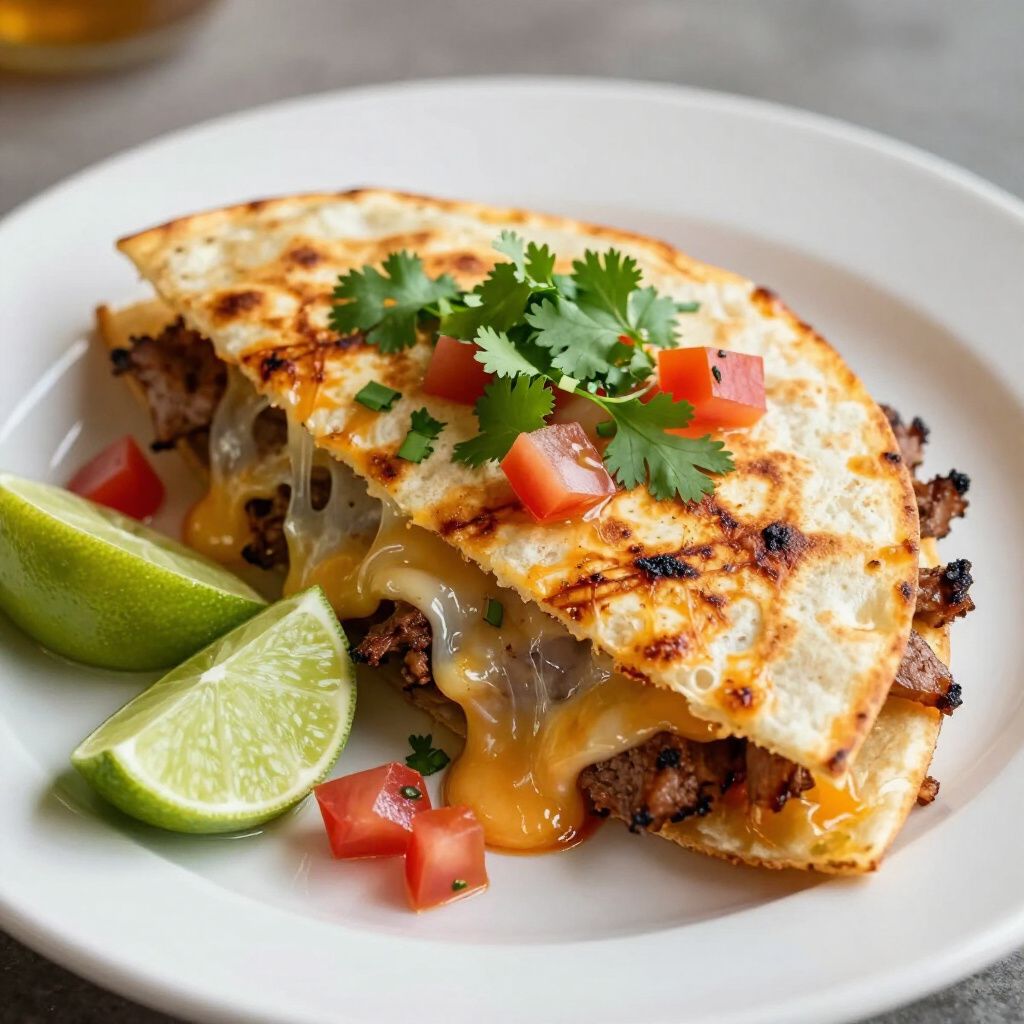 Quesadilla with melted cheese and beef, garnished with cilantro, tomato, and lime wedges on a white plate.