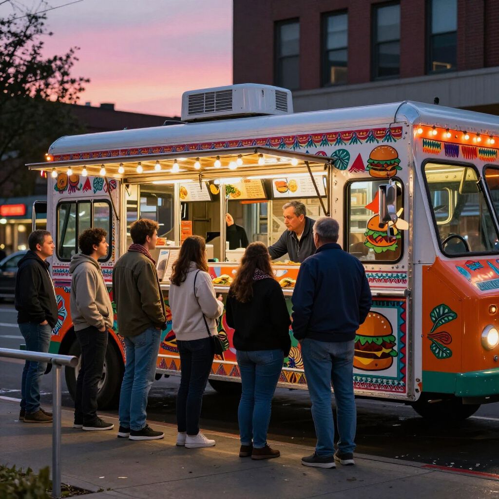 People line up to order food from a brightly decorated food truck at dusk.