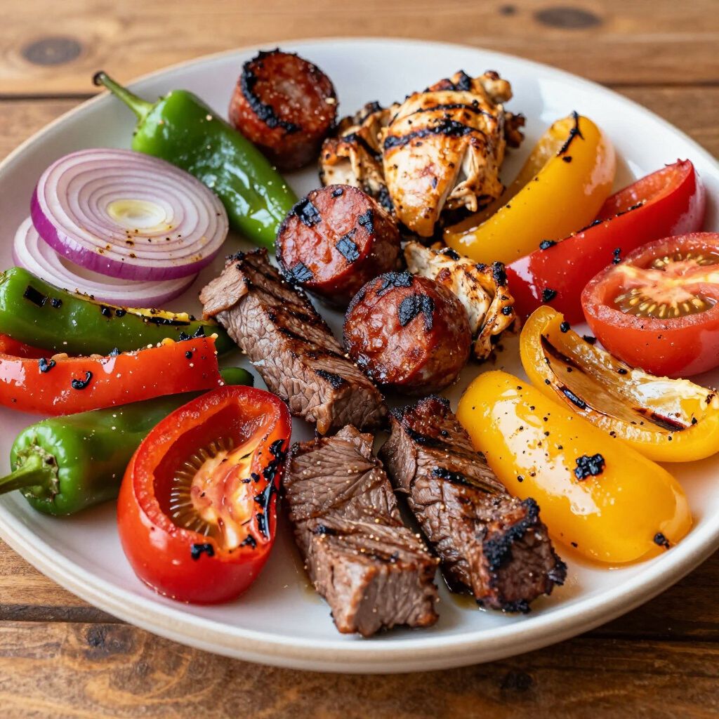 Plate of grilled meat and vegetables: steak, chorizo, chicken, peppers, onions, and tomatoes.